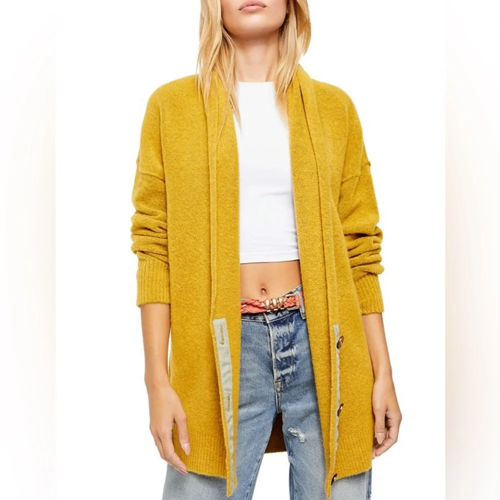 Free People Women’s Medium Mustard Eucalyptus Cardigan Oversized Boho Big Button